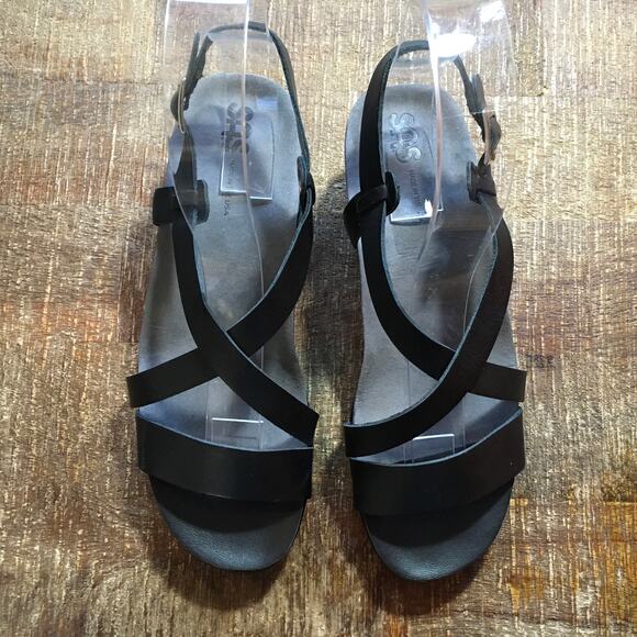 SAS San Antonio Shoes Nouveau Leather Cross Strap Heel Sandal  Black Womens 8 M - Picture 2 of 10